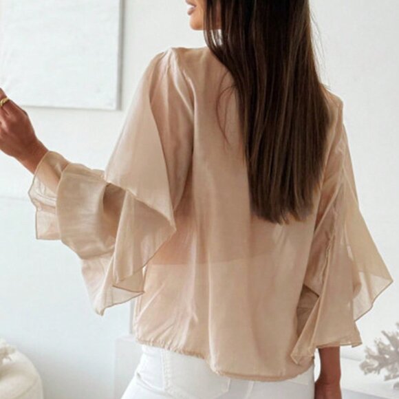 Apricot Casual Boho Women's V-Neck Lantern Sleeve Top - Picture 2 of 5